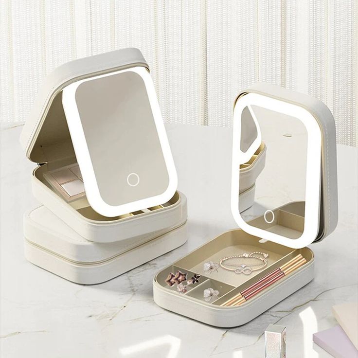 Caja de Almacenamiento de Maquillaje con Espejo de Luz LED Portátil