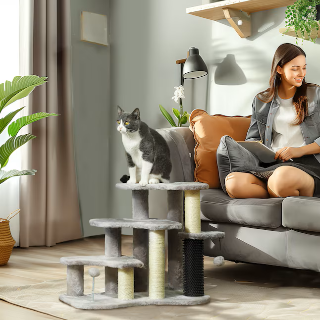  Árvore para gatos 2 em 1 com escada de 3 degraus para animais de estimação